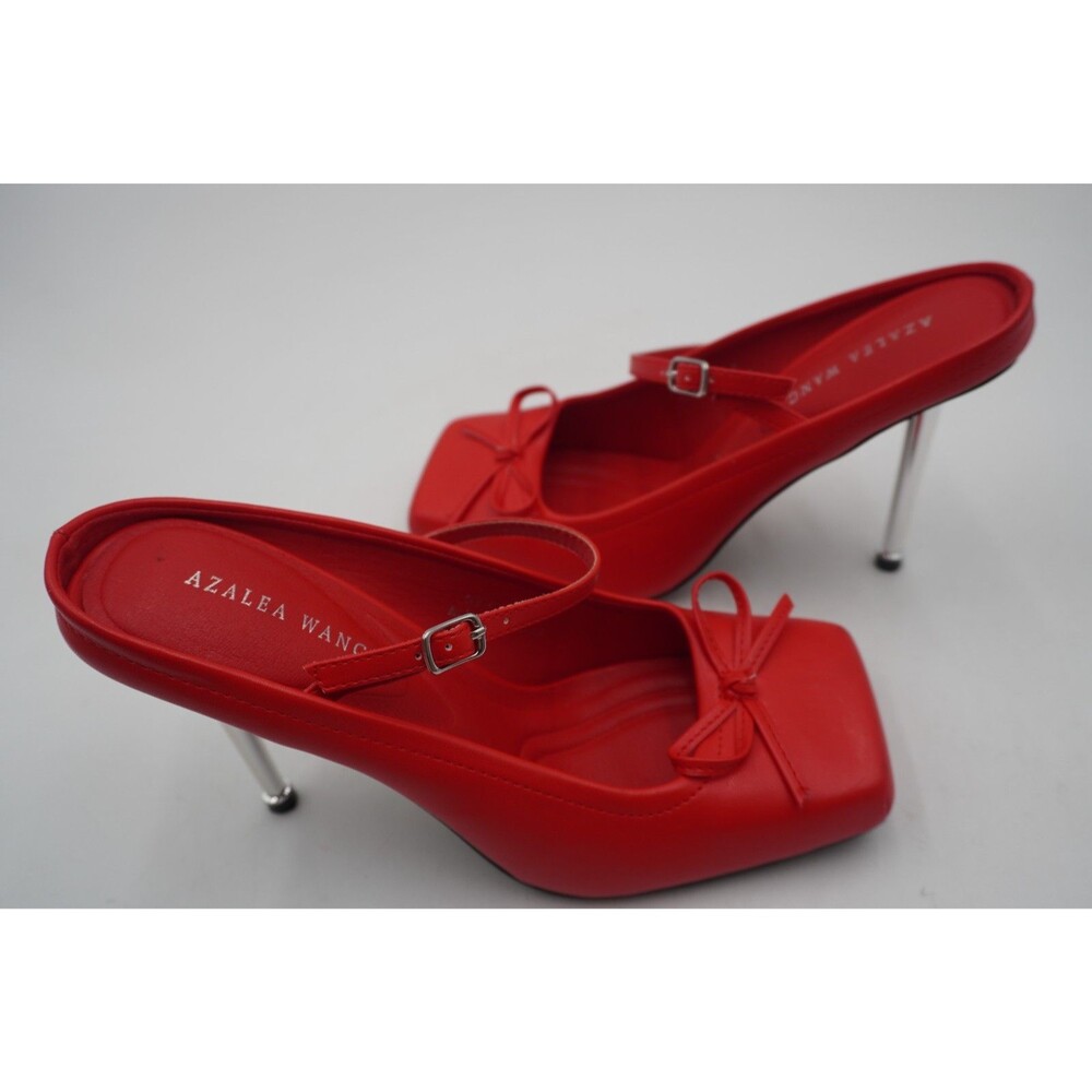 Azalea Wang Square Toe Bow Decor High Heels Belt Buckle Pull on Slippers Size 8